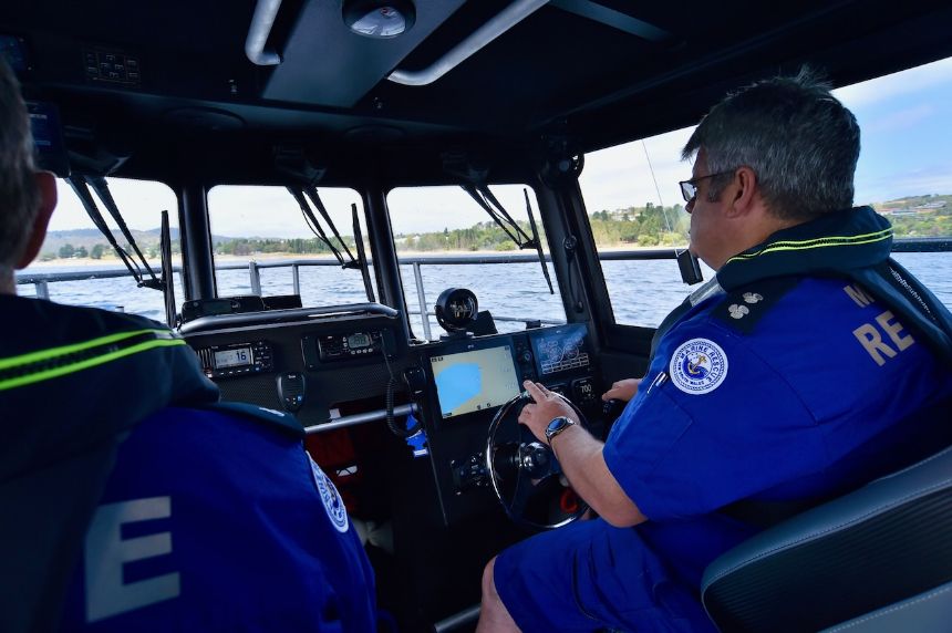 Inside the cabin of Alpine Lakes 20, a new rescue boat with the Alpine Lakes unit of Marine Rescue NSW