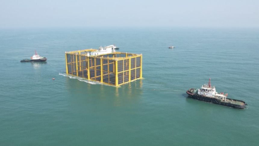 Caijin Haishang Liangcang Yi Hao-1, a new submersible salmon pen deployed in the Yellow Sea