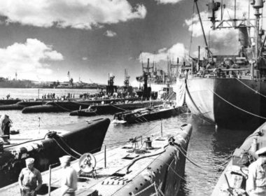 US Navy submarines and the submarine tender USS Pelias at Fremantle Submarine Base in Western Australia, 1943