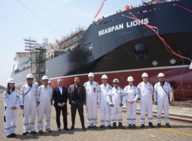 The Seaspan Energy LNG bunkering vessel Seaspan Lions being launched at the facilities of Nantong CIMC Sinopacific Offshore and Engineering in China